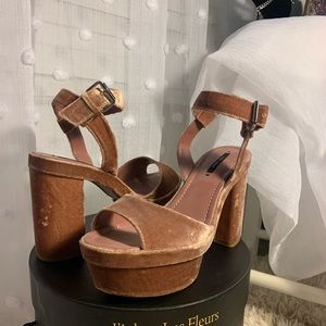 Salmon pink velvet platform heels